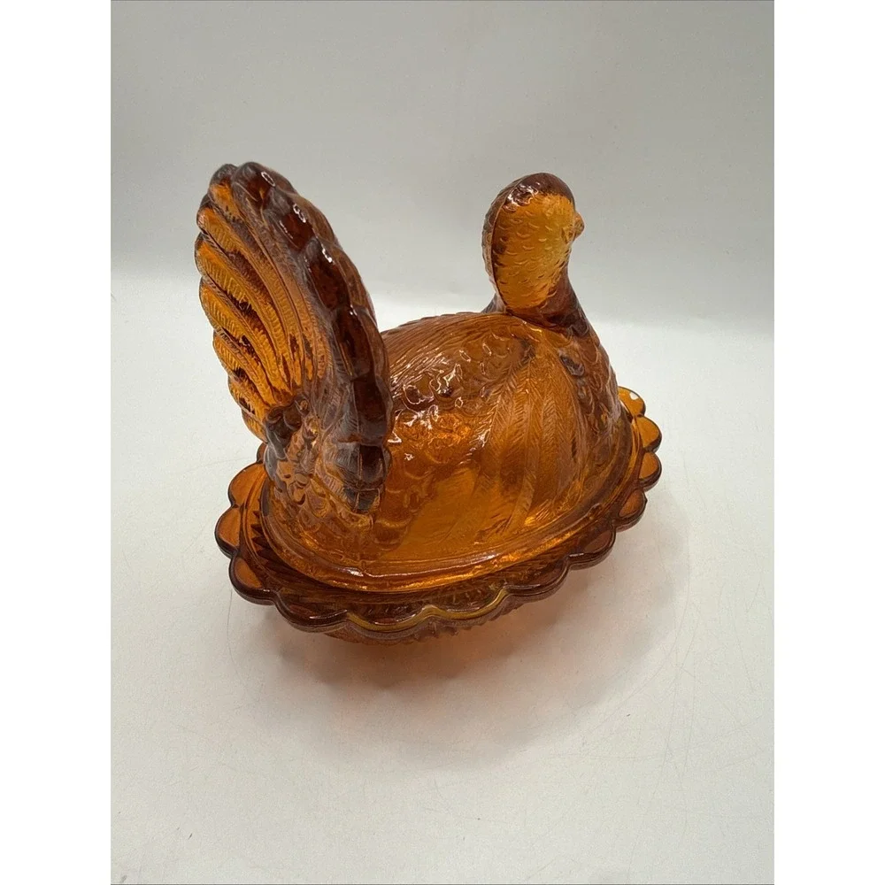 Vtg Indiana ND‎ Amber Orange Glass Small Turkey On A Nest Candy Dish 4.5